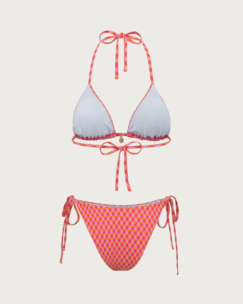 Pink Geometric Print Drawstring Bikini Set