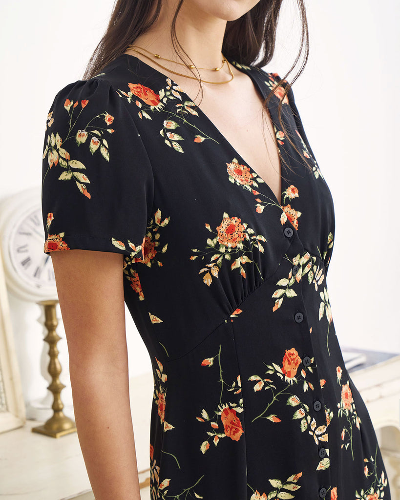 The Black V Neck Floral Short Sleeve Maxi Dress