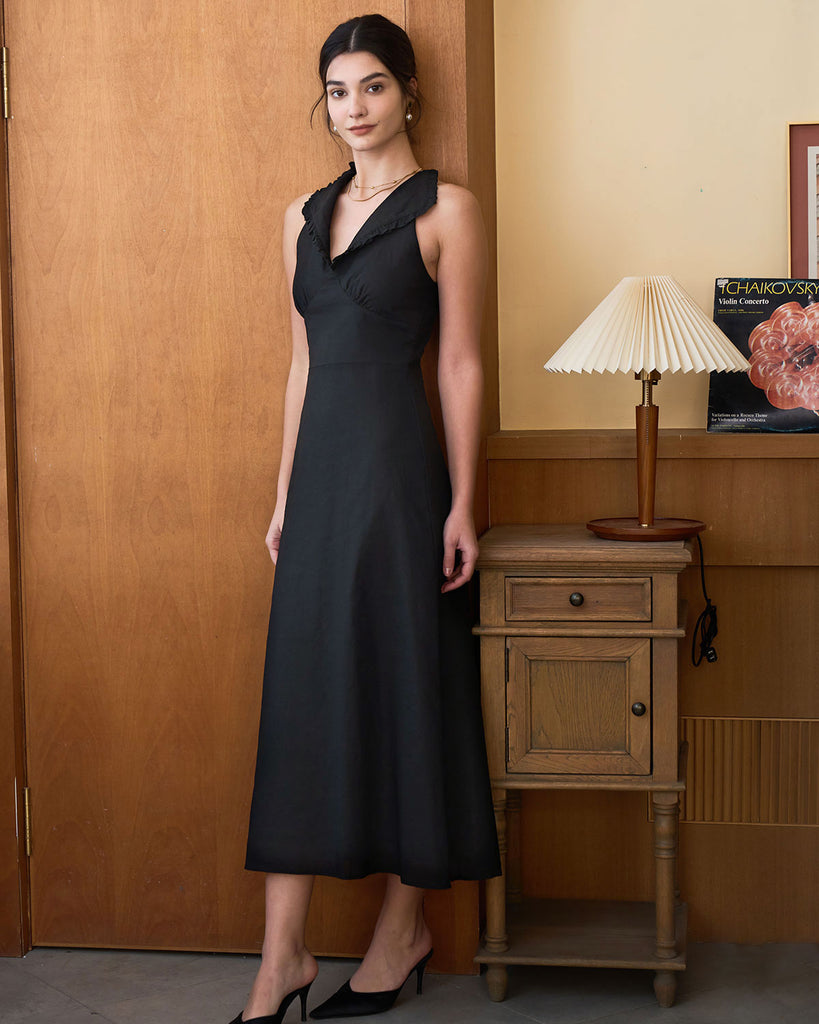 The Black Collared Frill Trim Linen Maxi Dress