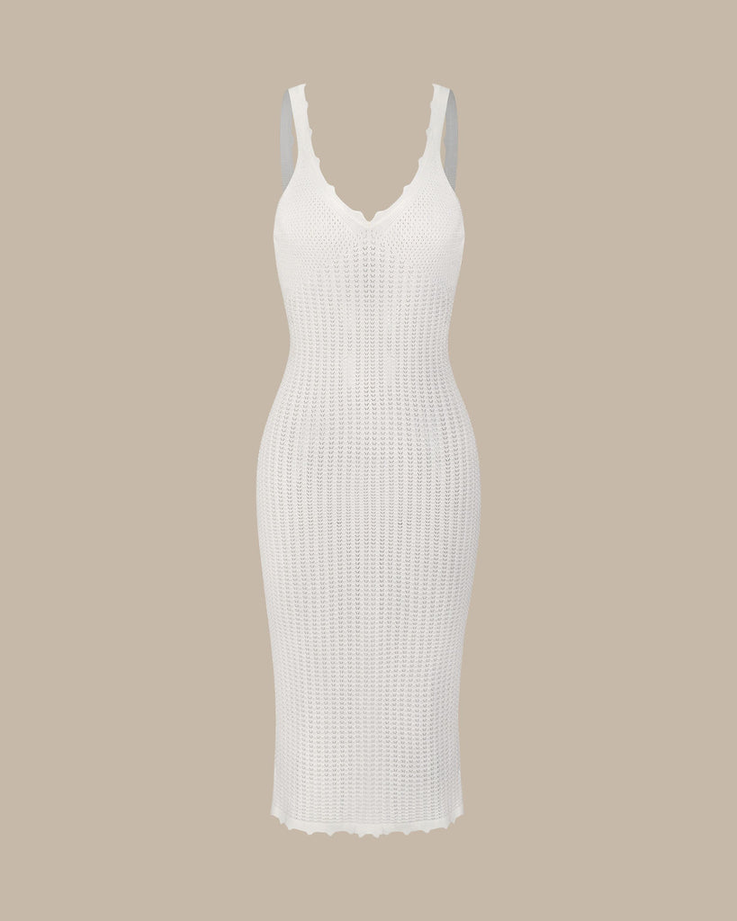 The V-Neck Knitted Pointelle Dress White Dresses - RIHOAS