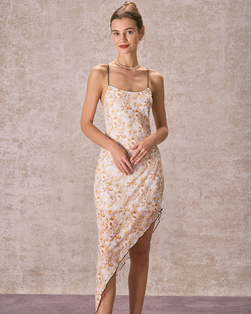 The Asymmetric Hem Floral Mesh Midi Dress Yellow Dresses - RIHOAS