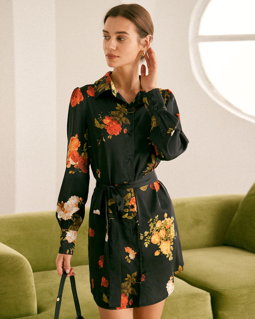 The Black Collared Floral Satin Mini Dress Black Dresses - RIHOAS