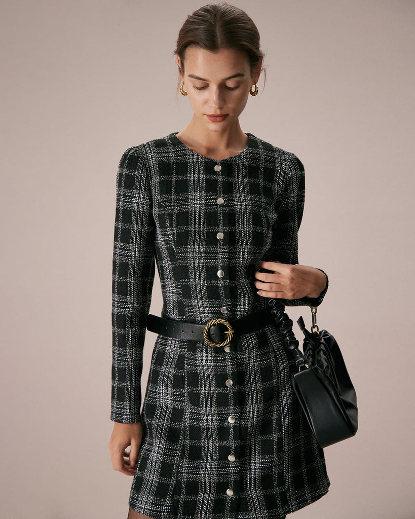 The Black Crew Neck Plaid Mini Dress Dresses - RIHOAS