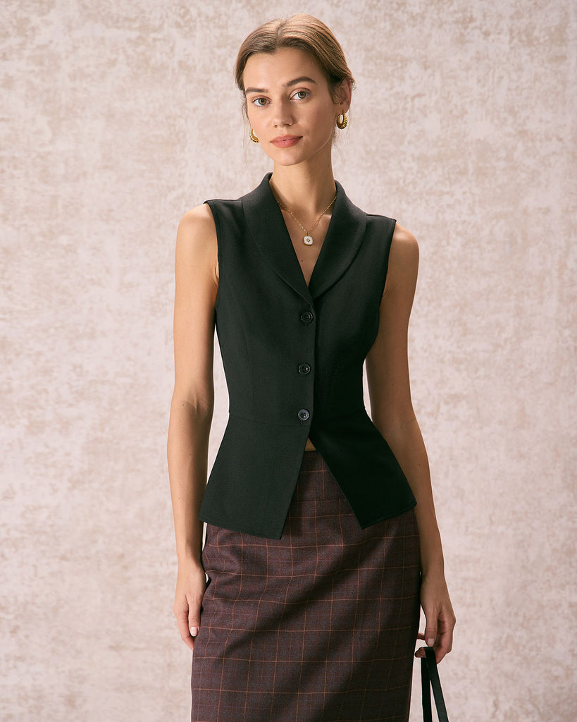 The Black Lapel Button Vest Black Tops - RIHOAS