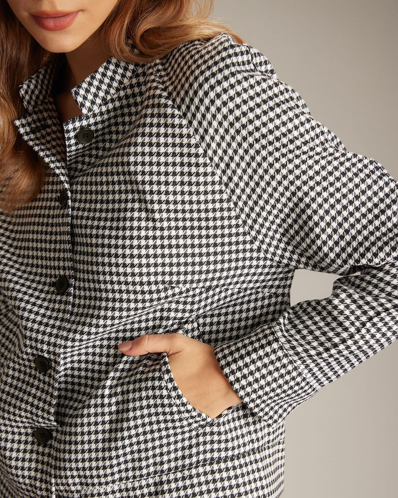 The Black Mock Neck Houndstooth Jacket Outerwear - RIHOAS