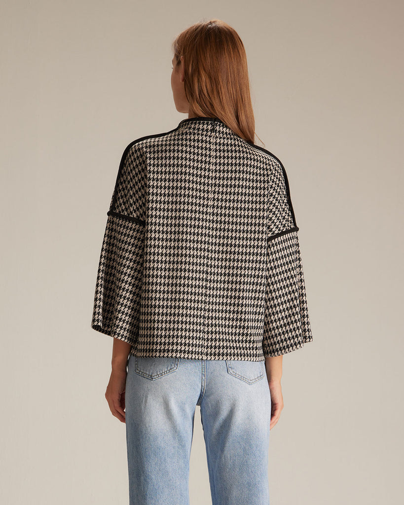 The Black Mock Neck Houndstooth Sweatshirt Tops - RIHOAS