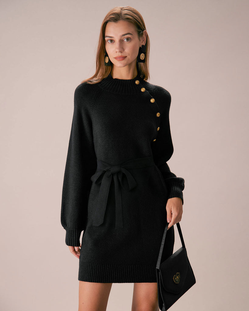 The Black Mock Neck Lantern Sleeve Sweater Dress Dresses - RIHOAS