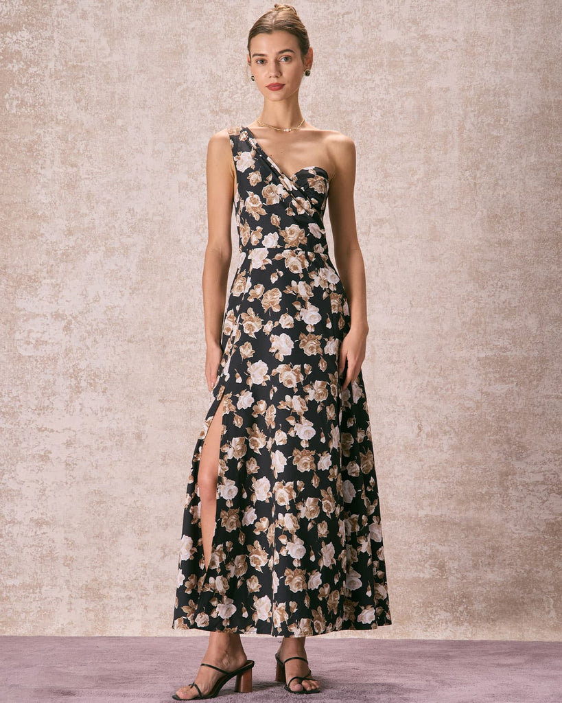 The Black One Shoulder Floral Maxi Dress Black Dresses - RIHOAS