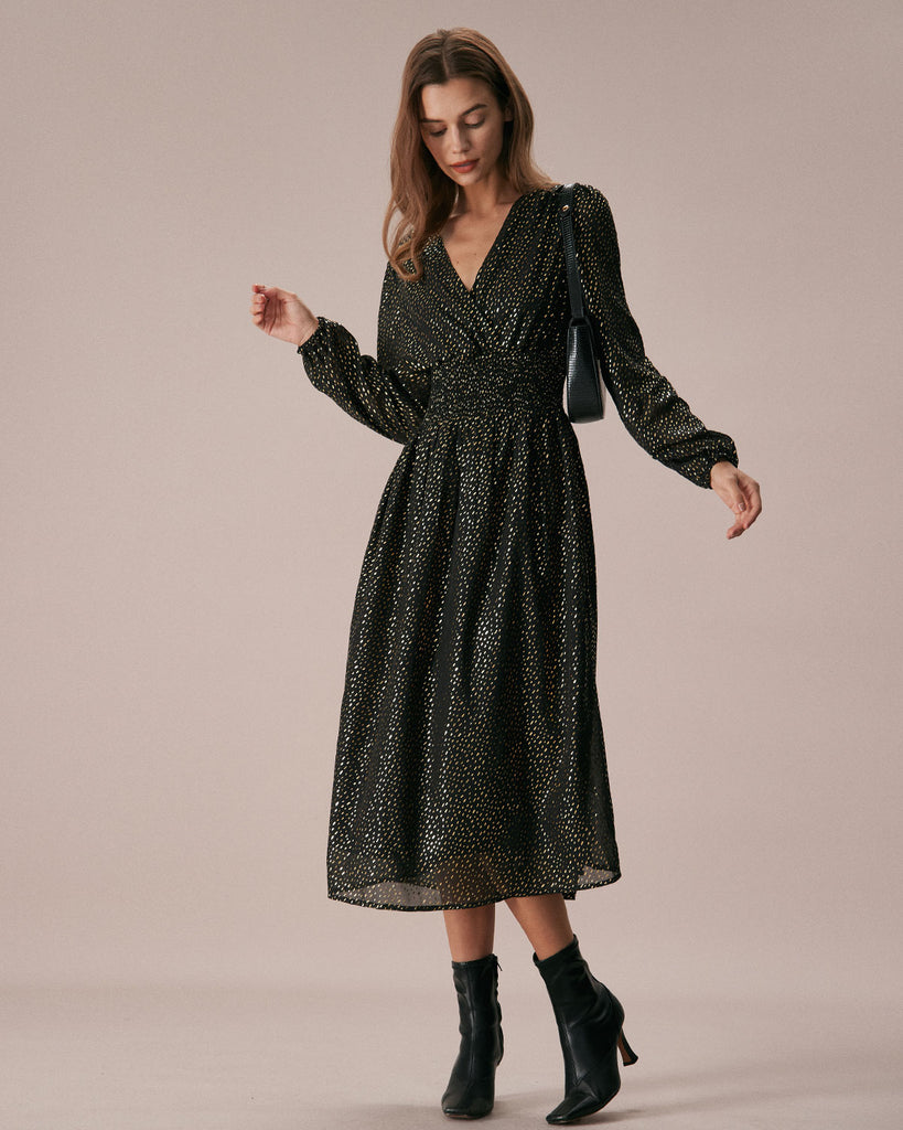 The Black Overlapping V-Neck Dress Dresses - RIHOAS