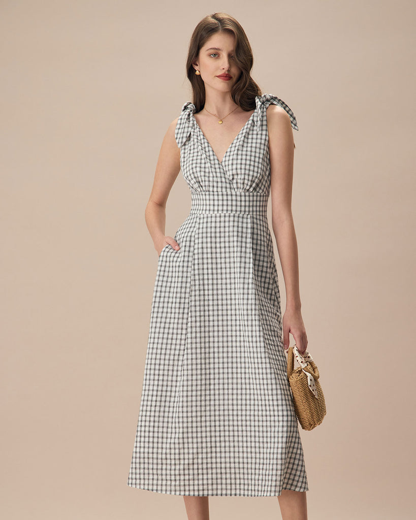 The Black Plaid Tie Strap Midi Dress Dresses - RIHOAS