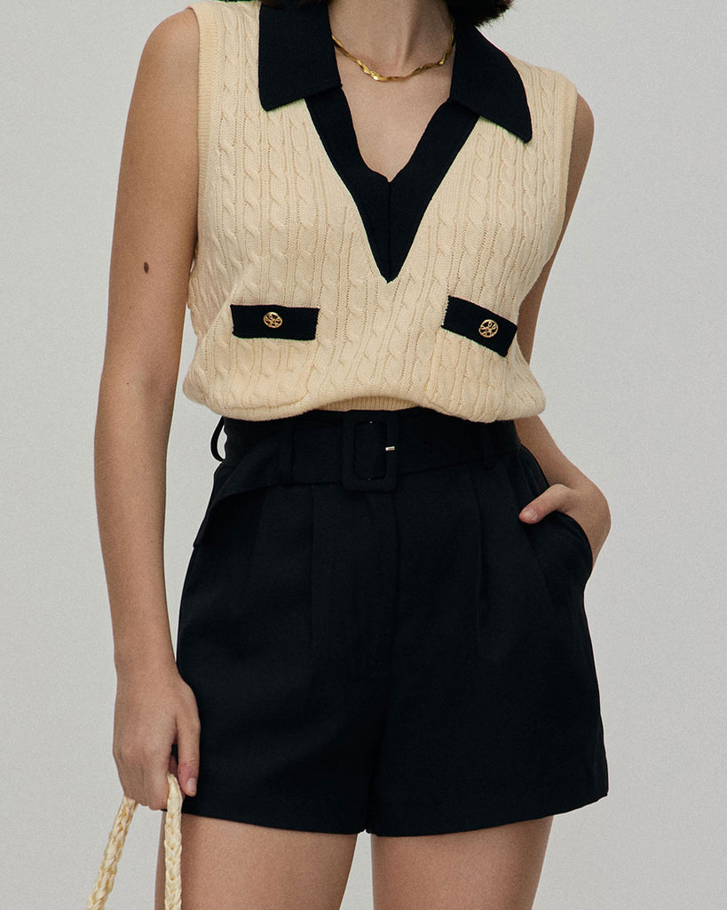 The Black Pleated Belt Shorts Black Bottoms - RIHOAS