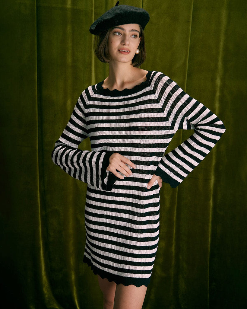 The Black Striped Flare Sleeve Mini Dress Dresses - RIHOAS