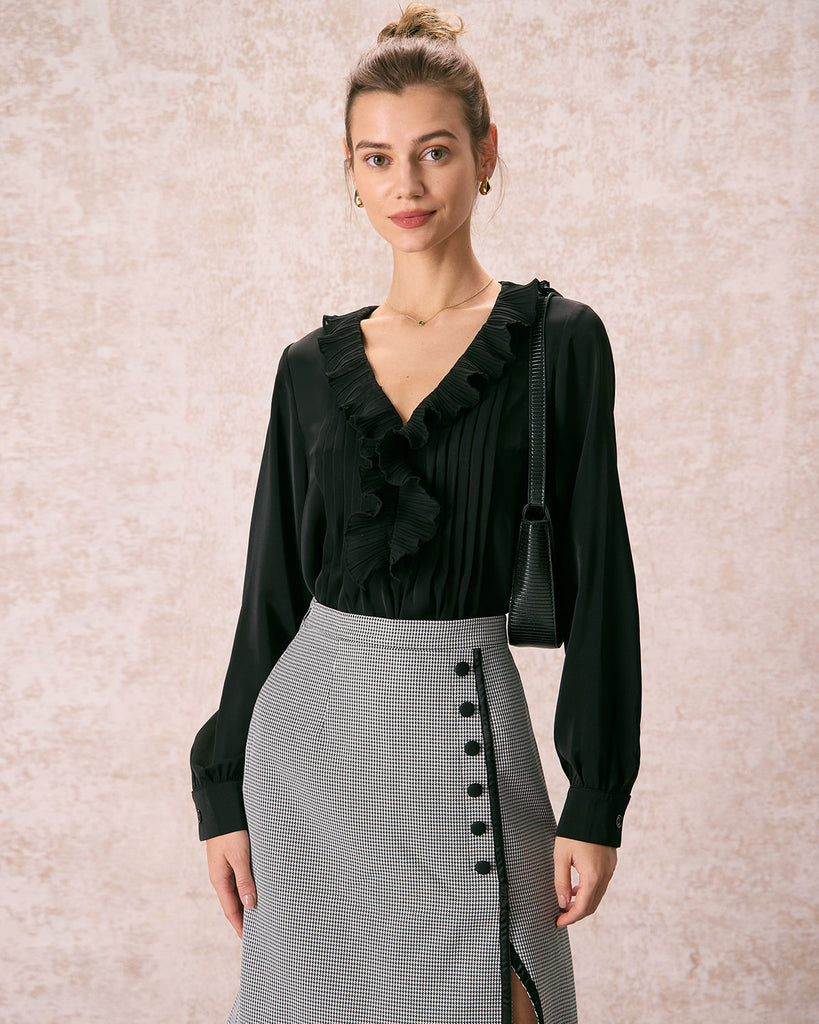 The Black V-Neck Pleated Blouse Black Tops - RIHOAS