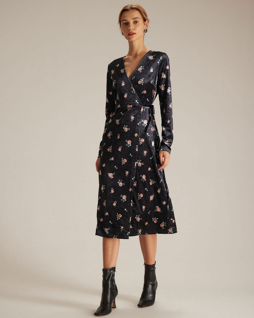 The Black V Neck Floral Velvet Midi Dress Dresses - RIHOAS