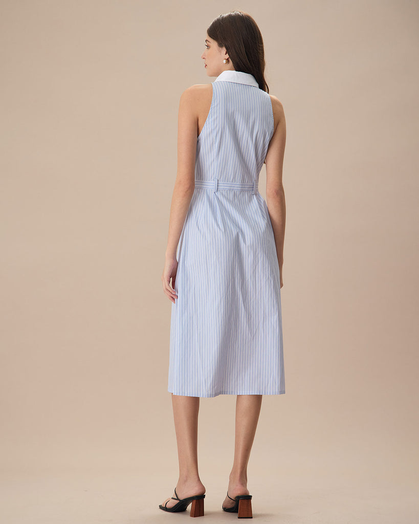 The Blue Lapel Striped Midi Dress Dresses - RIHOAS