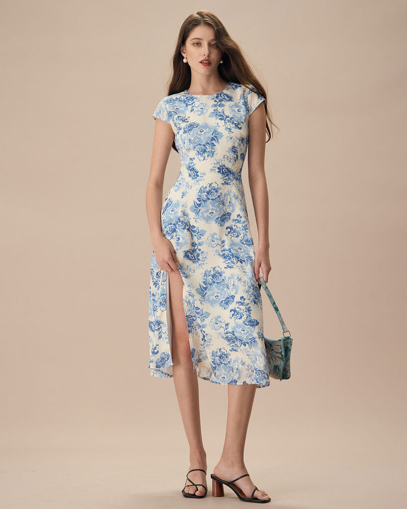 The Blue Round Neck Cap Sleeve Floral Midi Dress Dresses - RIHOAS