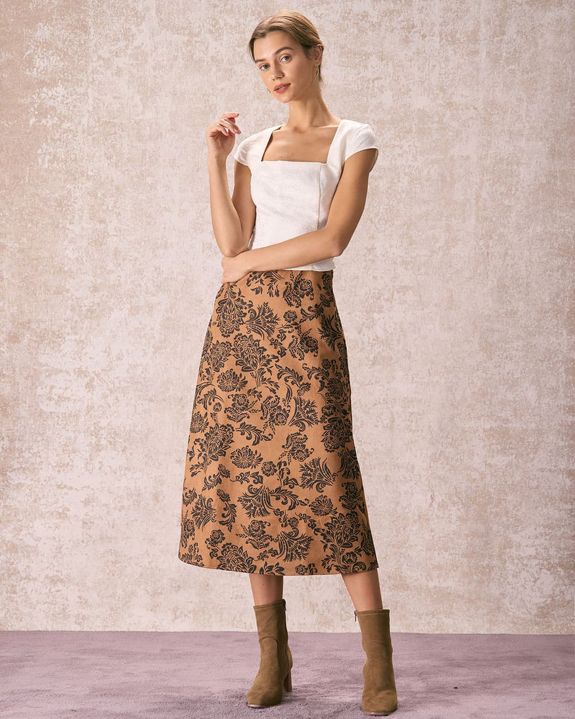 The Brown Floral Suede Midi Skirt Bottoms - RIHOAS