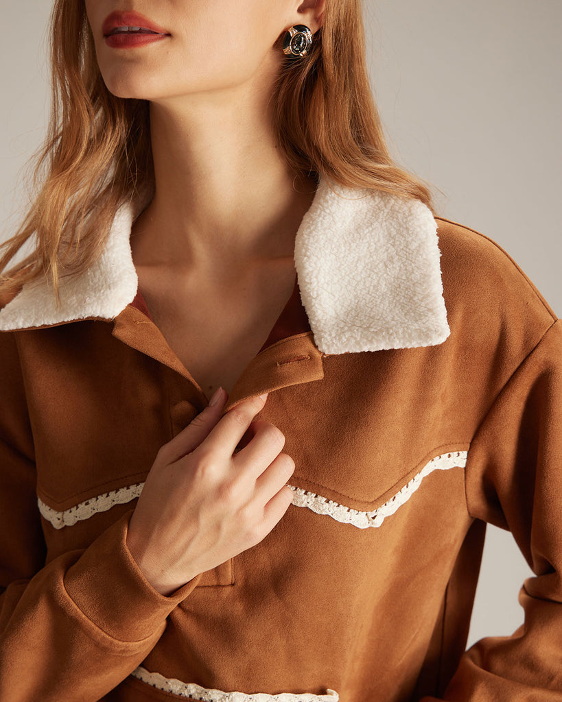 The Brown Half Button Suede Sweatshirt Tops - RIHOAS