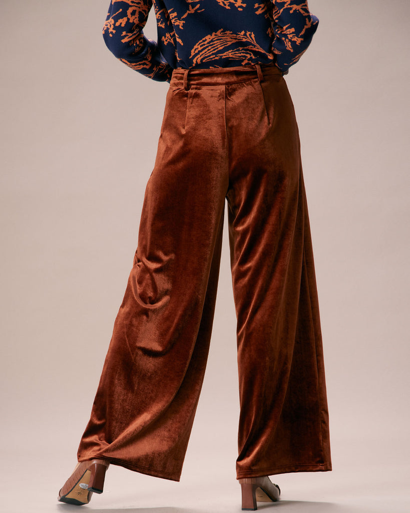 The Brown High Waisted Velvet Wide Leg Pants Bottoms - RIHOAS