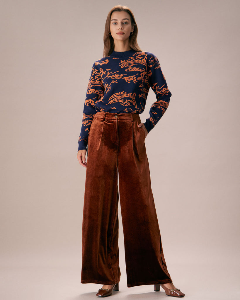 The Brown High Waisted Velvet Wide Leg Pants Bottoms - RIHOAS