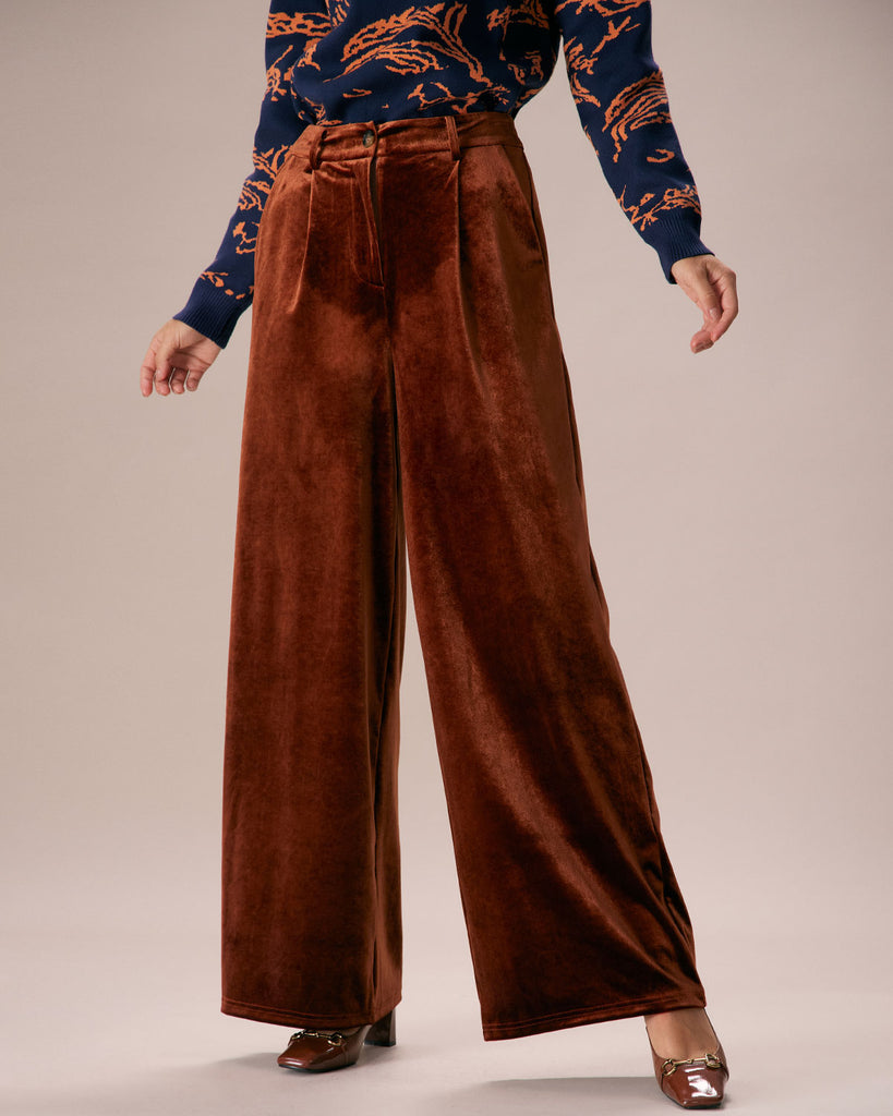 The Brown High Waisted Velvet Wide Leg Pants Brown Bottoms - RIHOAS