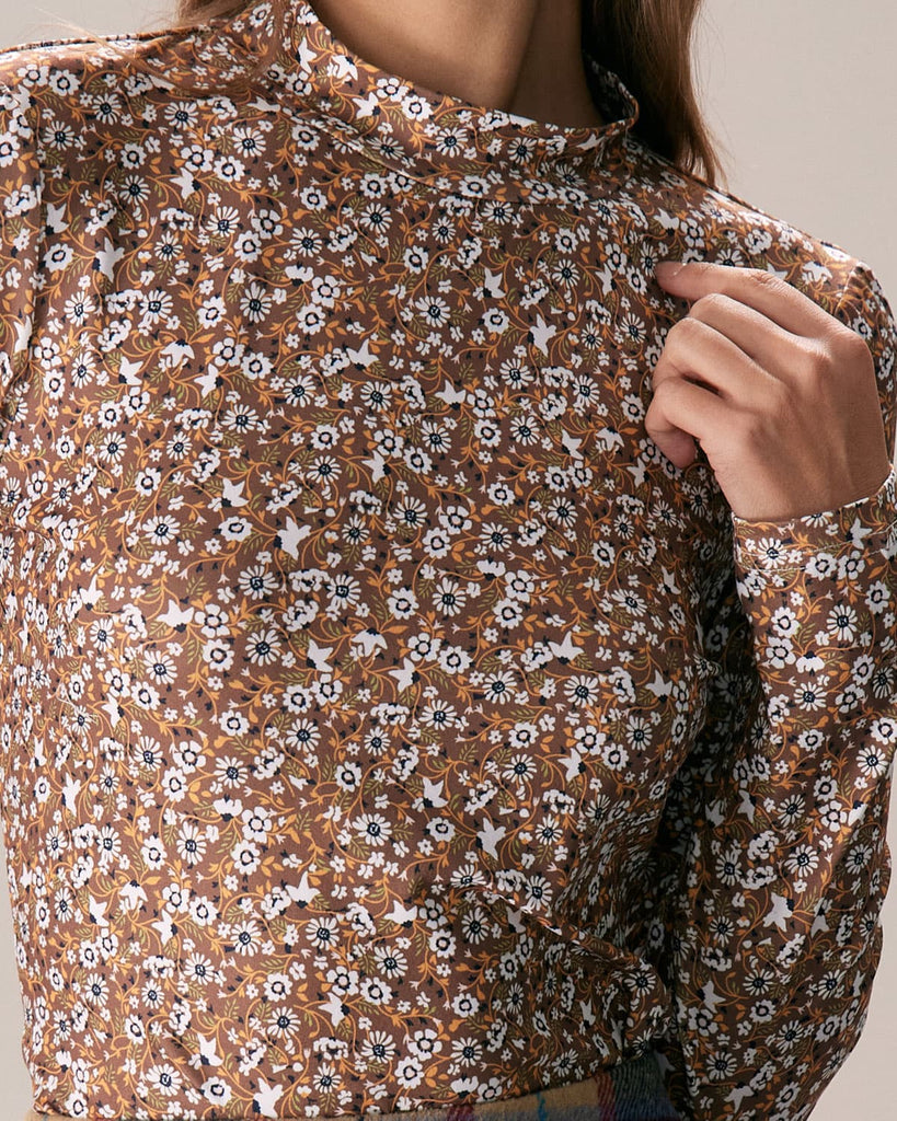 The Brown Mock Neck Daisy Tee Tops - RIHOAS