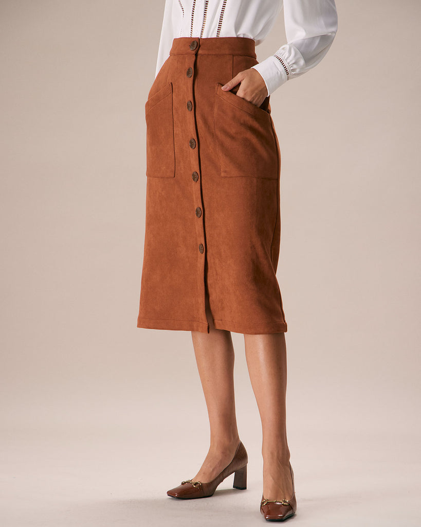 The Brown Single-breasted Suede Midi Skirt Bottoms - RIHOAS