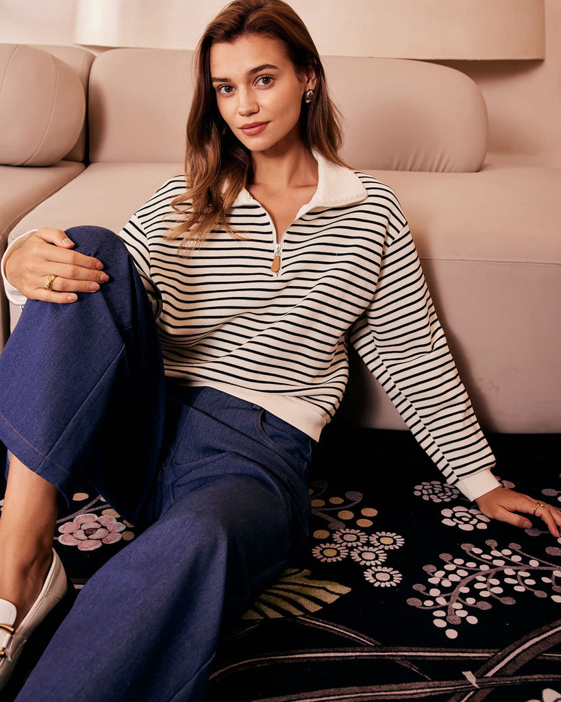 The Collared Half Zipper Striped Sweatshirt Tops - RIHOAS