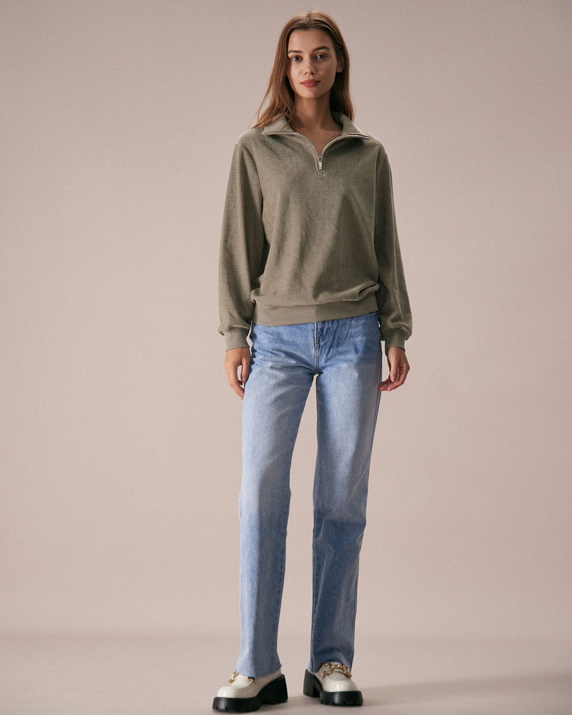 The Green Half Zip Drop Shoulder Sweatshirt Tops - RIHOAS