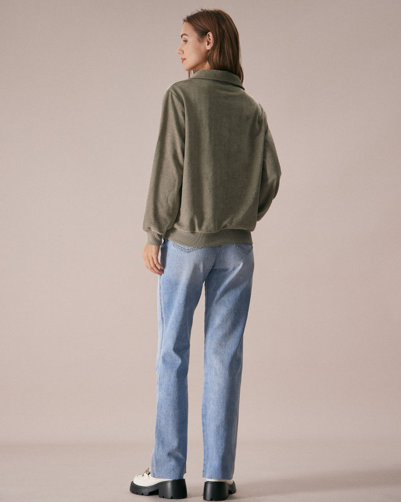 The Green Half Zip Drop Shoulder Sweatshirt Tops - RIHOAS