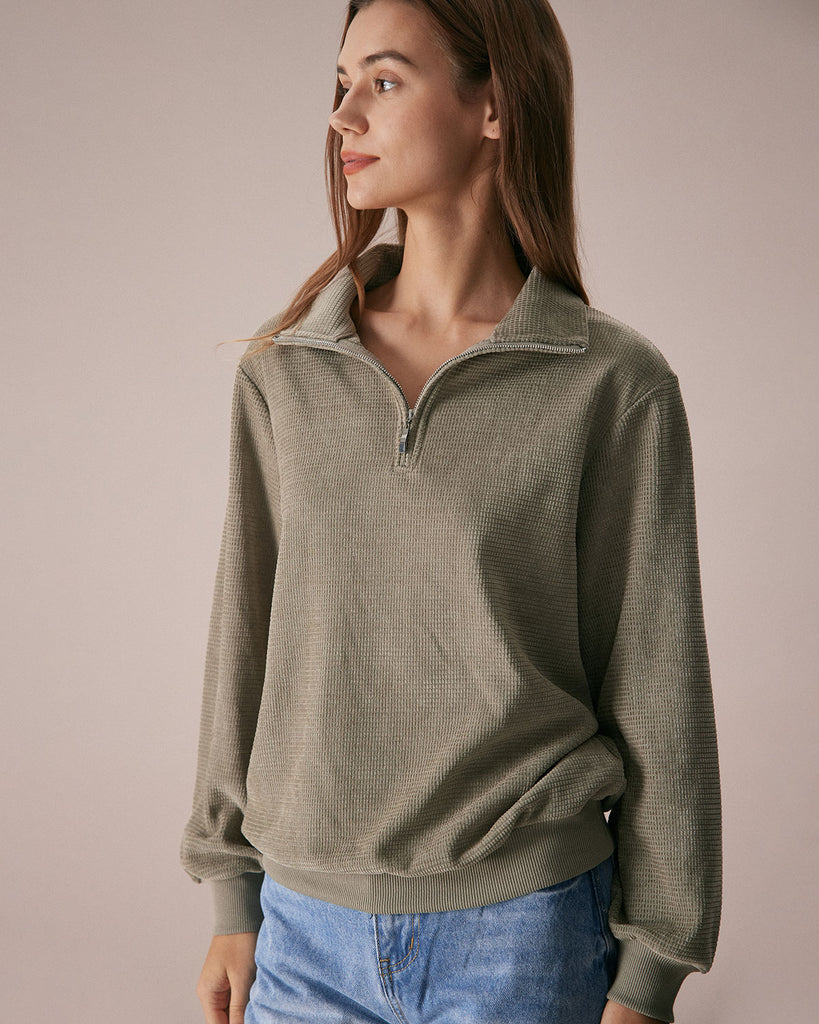 The Green Half Zip Drop Shoulder Sweatshirt Tops - RIHOAS