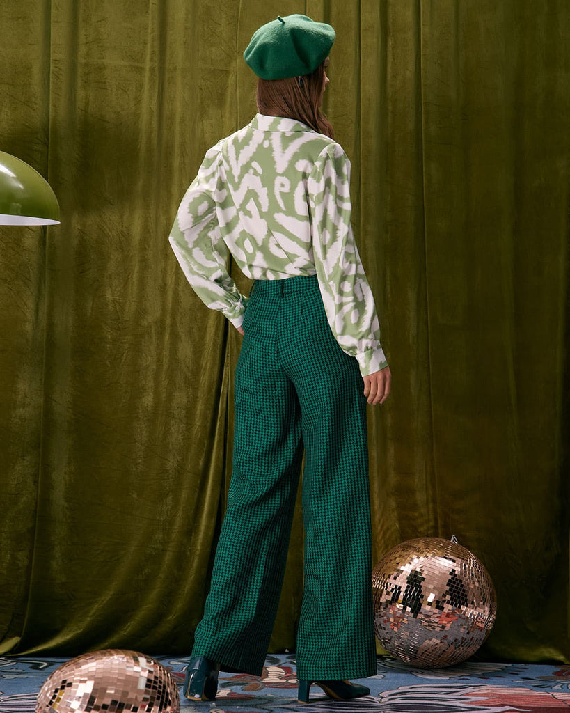 The Green Houndstooth Wide Leg Pants Bottoms - RIHOAS