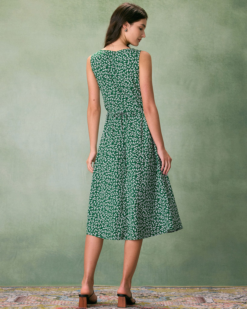 The Green V Neck Floral Button Midi Dress Dresses - RIHOAS