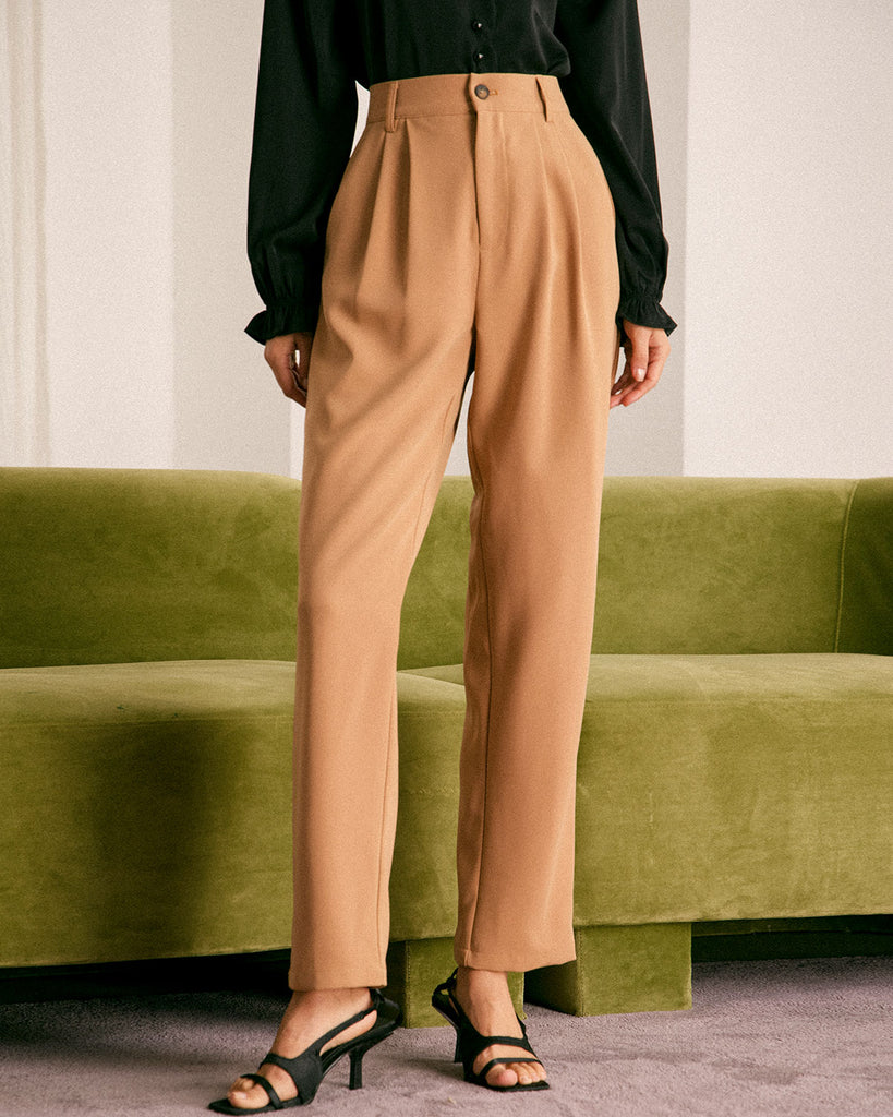 The Khaki Pleated Solid Tapered Pants Bottoms - RIHOAS