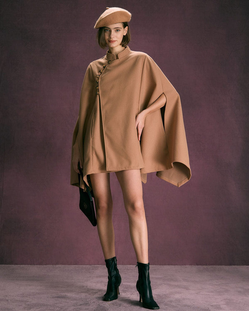 The Khaki Stand Button Up Cape Outerwear - RIHOAS