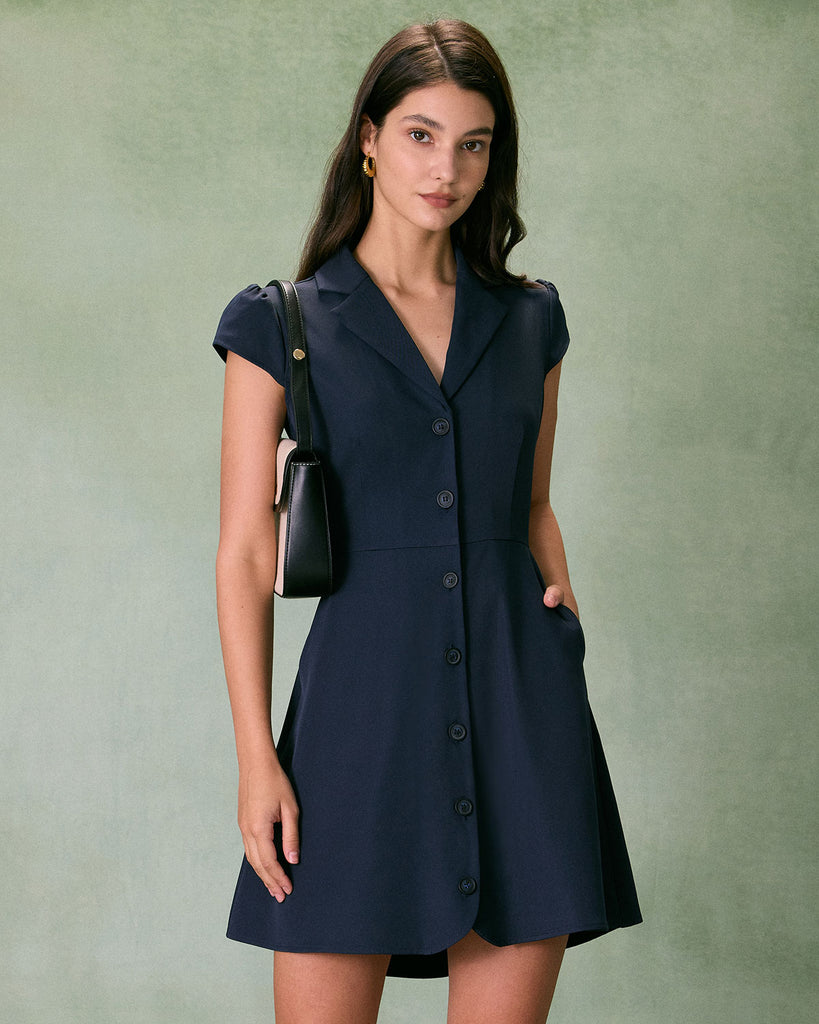 The Navy Lapel Cap Sleeve Mini Dress Navy Dresses - RIHOAS