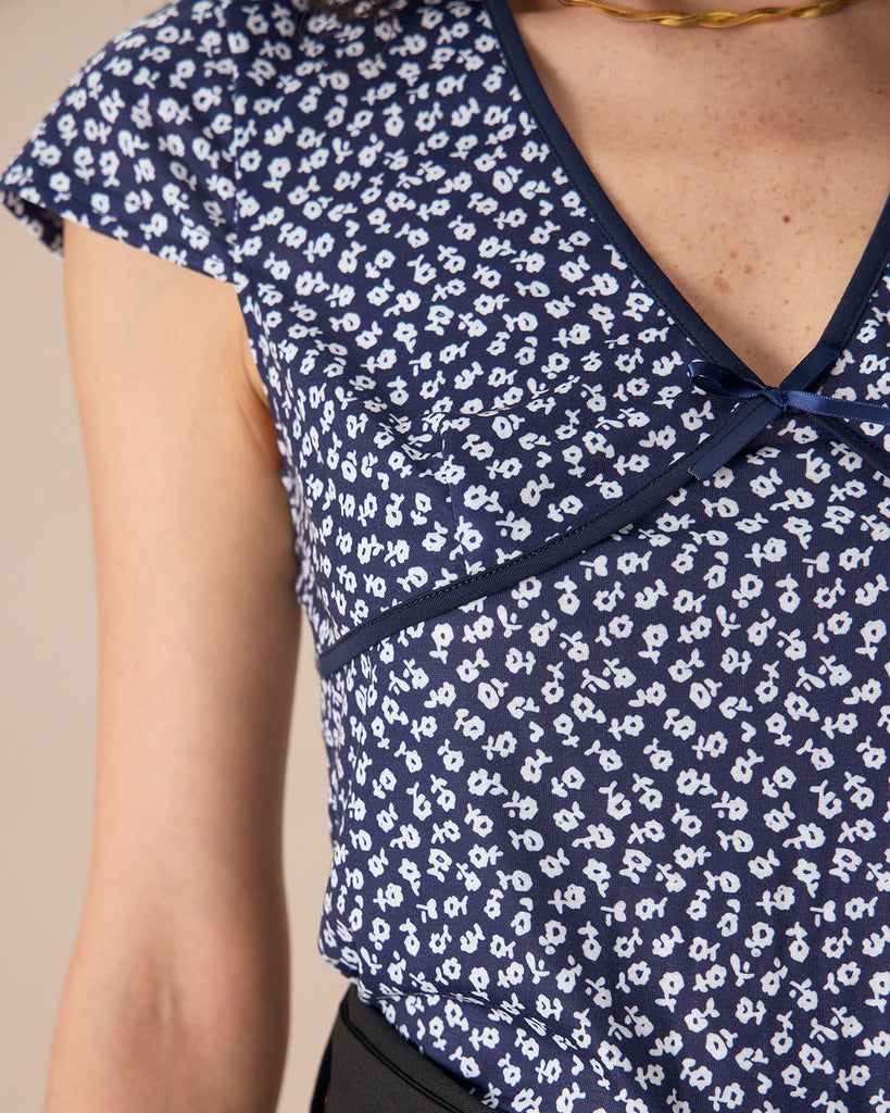 The Navy V Neck Floral Bowknot Tee Tops - RIHOAS