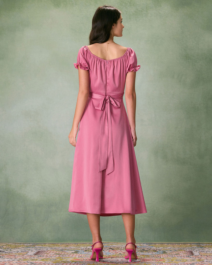 The Pink Ruched Satin Midi Dress Dresses - RIHOAS