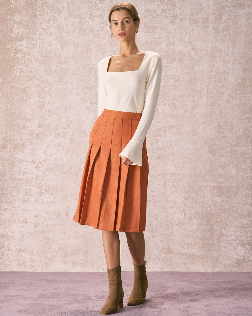 The Pleated Suede Midi Skirt Bottoms - RIHOAS