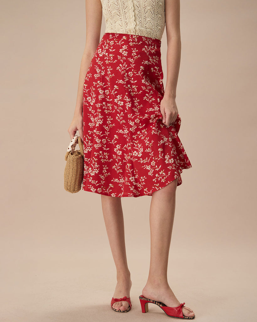 The Red High Waisted Floral Skirt Bottoms - RIHOAS