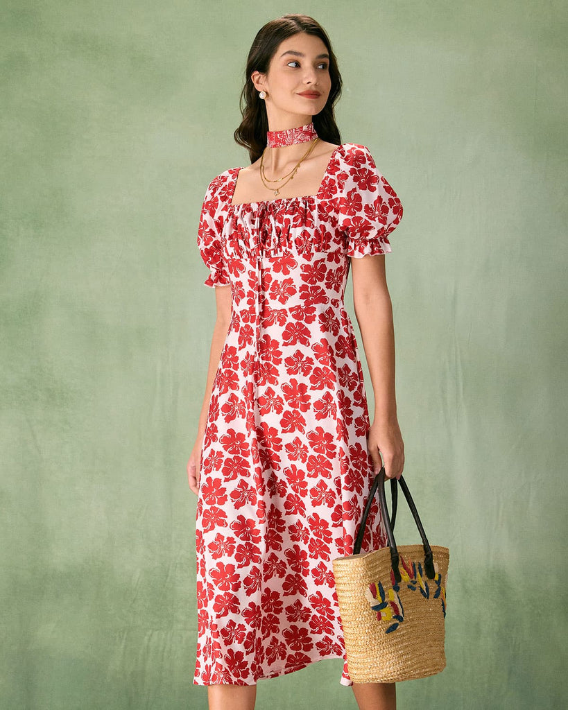 The Red Square Neck Floral Ruched Midi Dress Dresses - RIHOAS