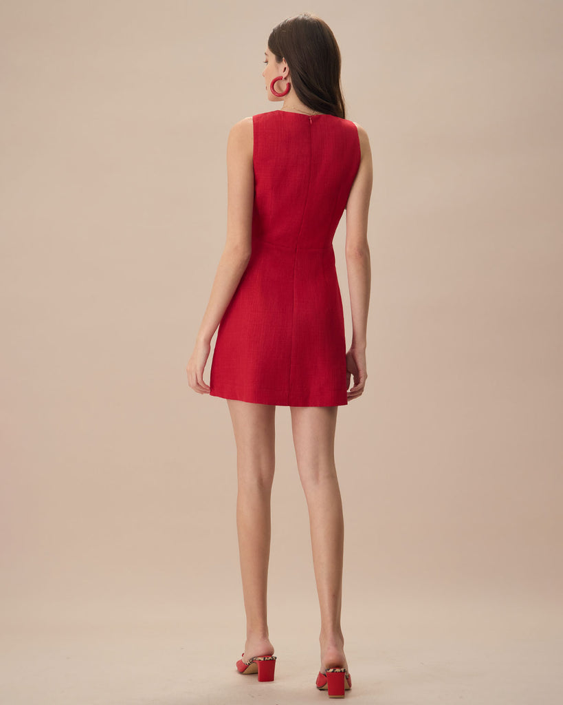 The Red V Neck Solid Mini Dress Dresses - RIHOAS