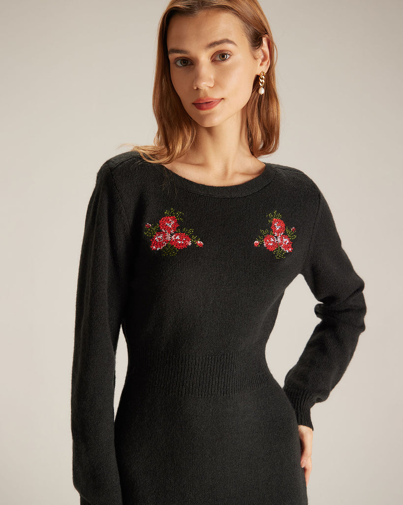 The Round Neck Embroidery Bodycon Dress Dresses - RIHOAS