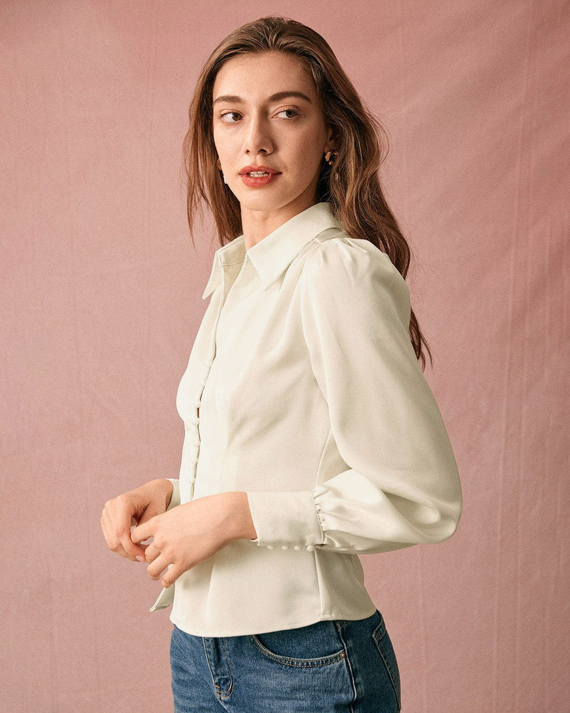 The Satin Puff Sleeve Blouse Tops - RIHOAS