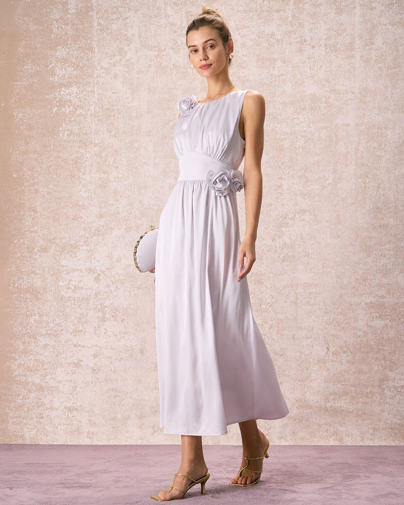 The Silver Boat Neck Satin Maxi Dress Dresses - RIHOAS