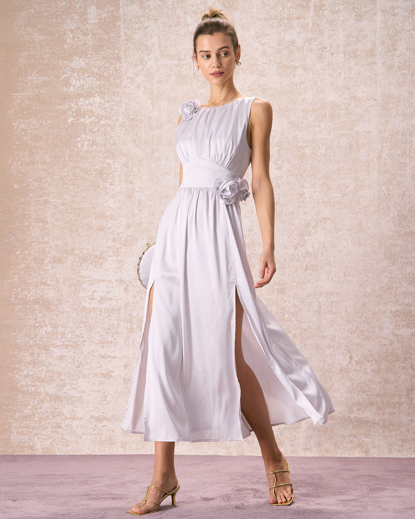 The Silver Boat Neck Satin Maxi Dress Silver Dresses - RIHOAS