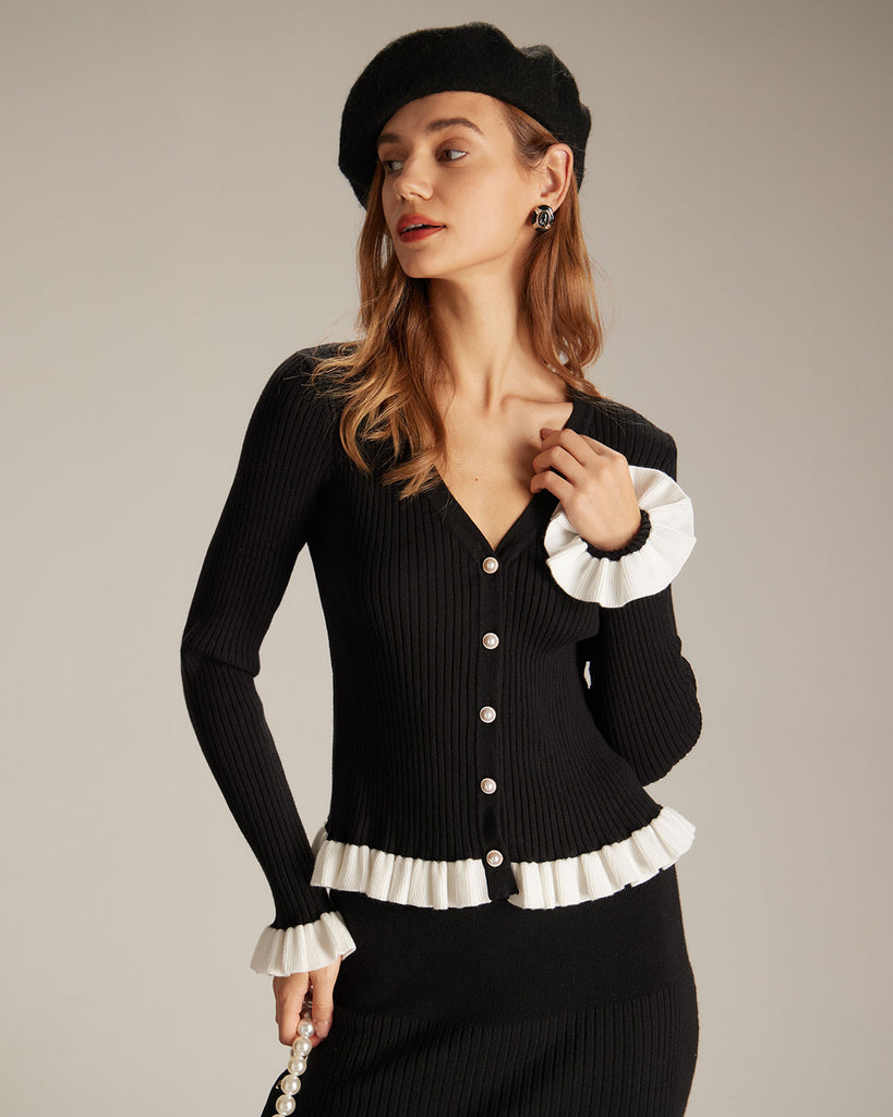 The V-Neck Contrast Trim Cardigan Black Tops - RIHOAS