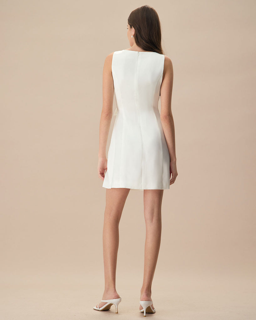 The White Boat Neck Bowknot Mini Dress Dresses - RIHOAS