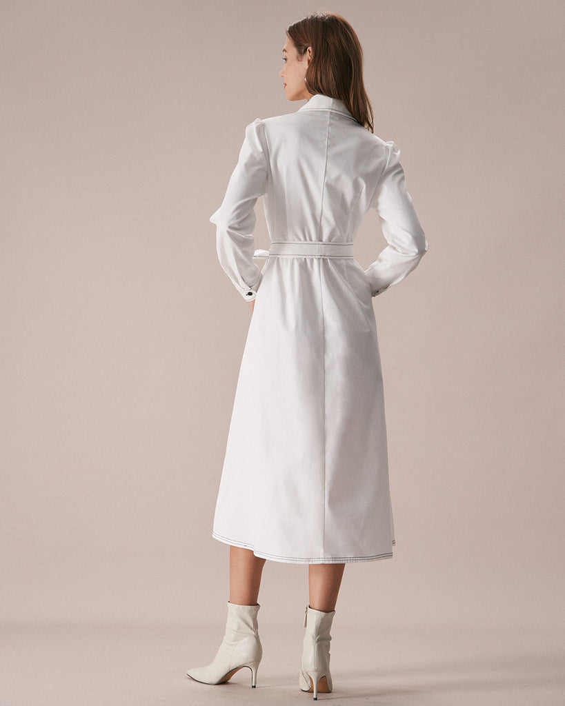 The White Collared Contrast Stitch Midi Dress Dresses - RIHOAS