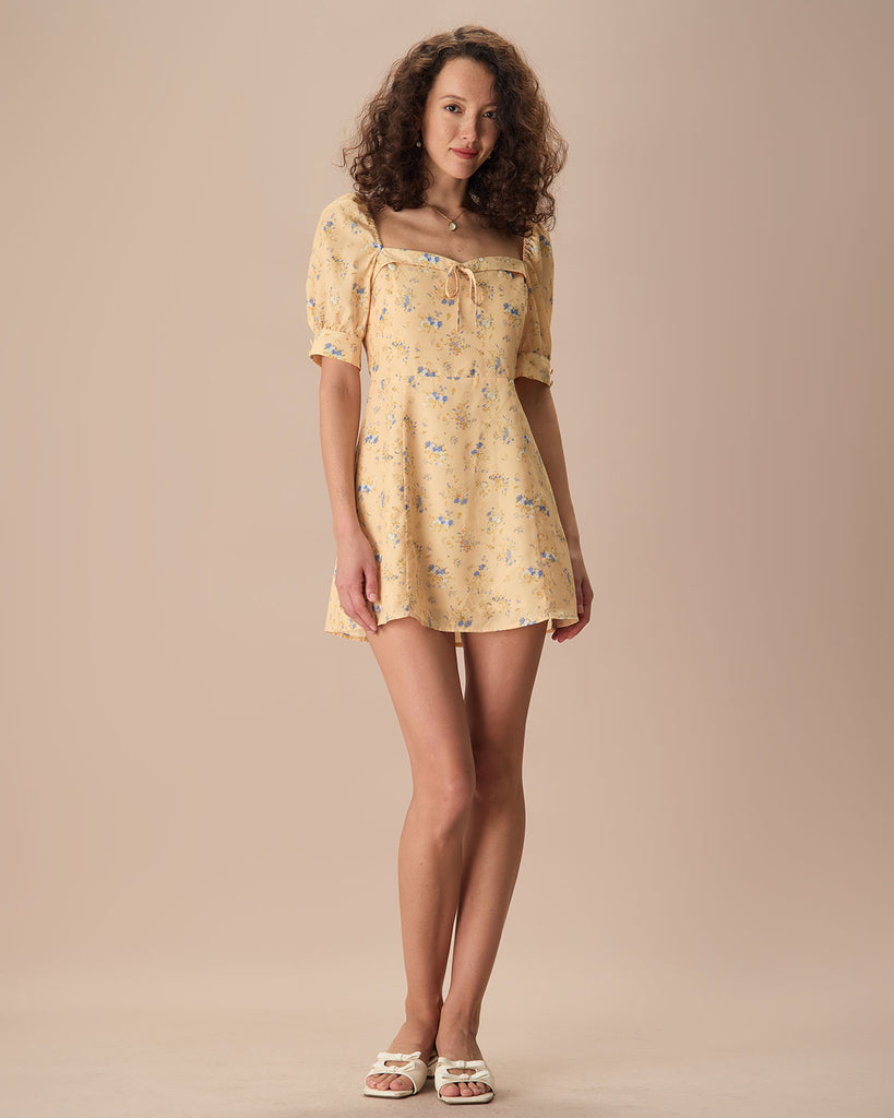 The Yellow Sweetheart Neck Floral Mini Dress Dresses - RIHOAS